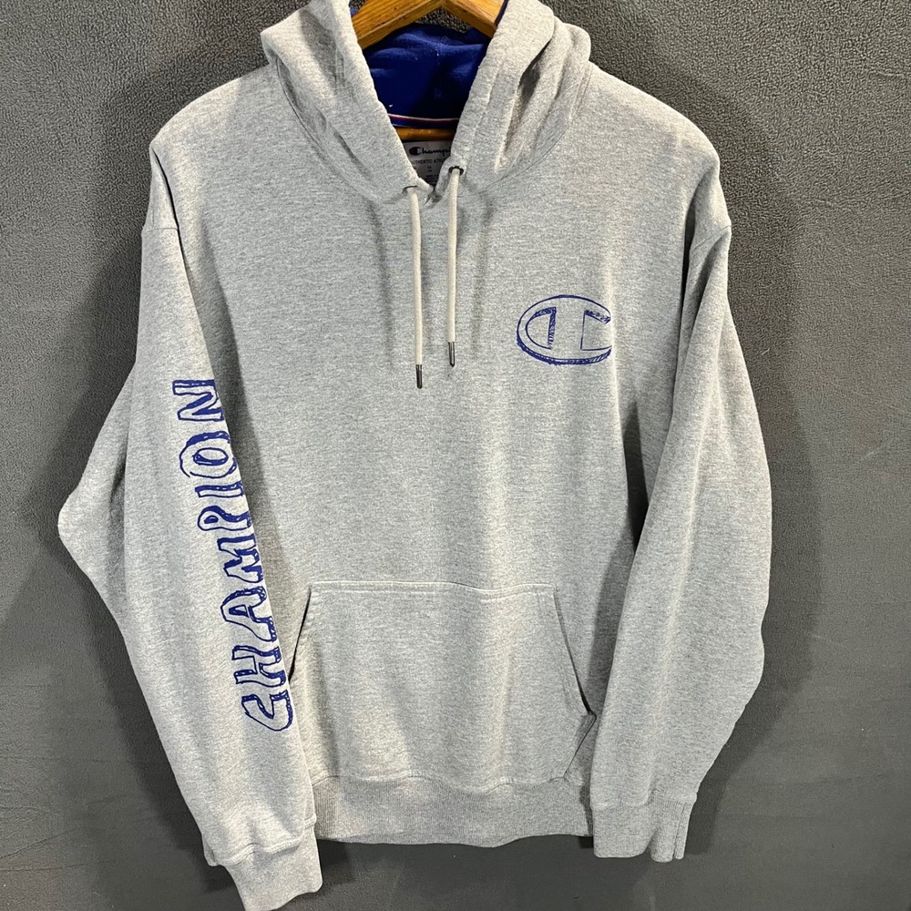 Champion Mens Gray Blue Script Logo Pullover Hoodie Sweatshirt Large AW965H